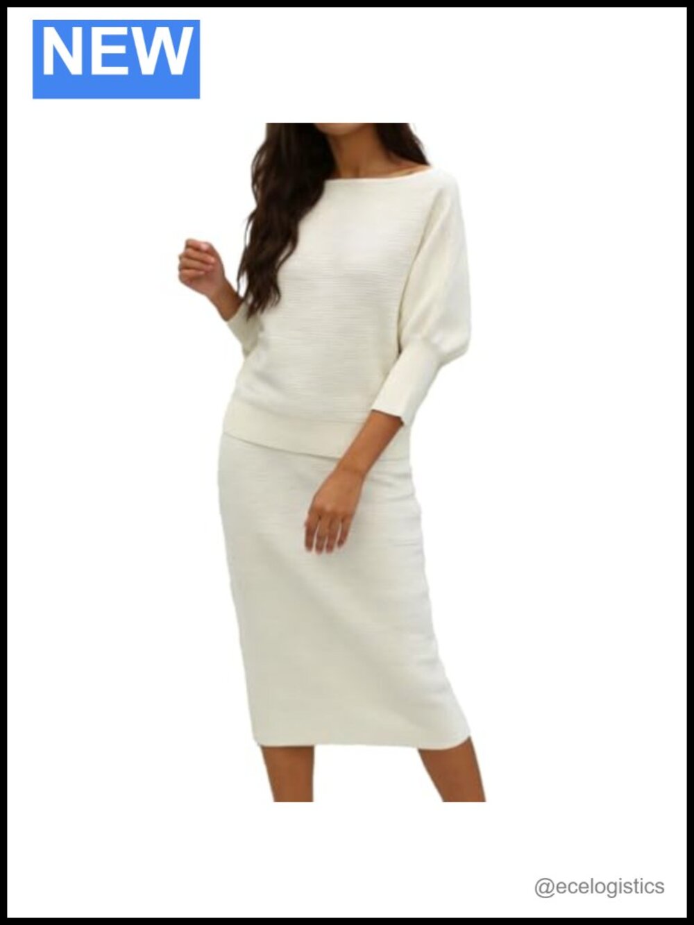Off-Shoulder Ribbed Knit 2 Piece Skirt Set - Batwing Sleeve Sweater